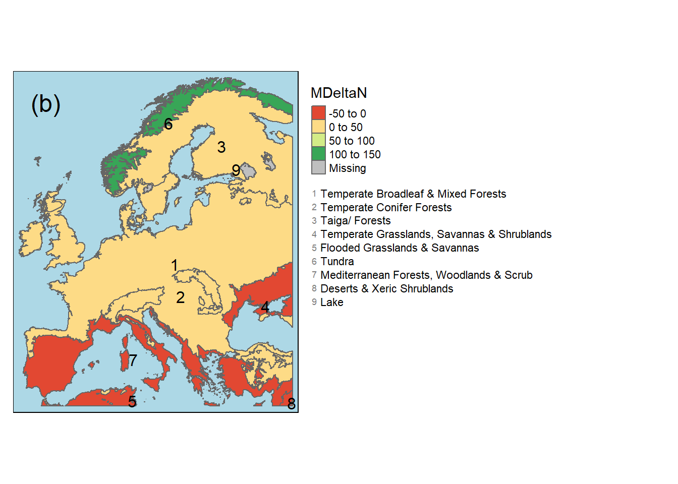 Absolute (a,b) und relative (c,d) Veraenderung der mittleren Jahresniederschlaege für die europaeischen Biomen zwischen den beiden Perioden 1962 und 1970 und 2010 bis 2018.