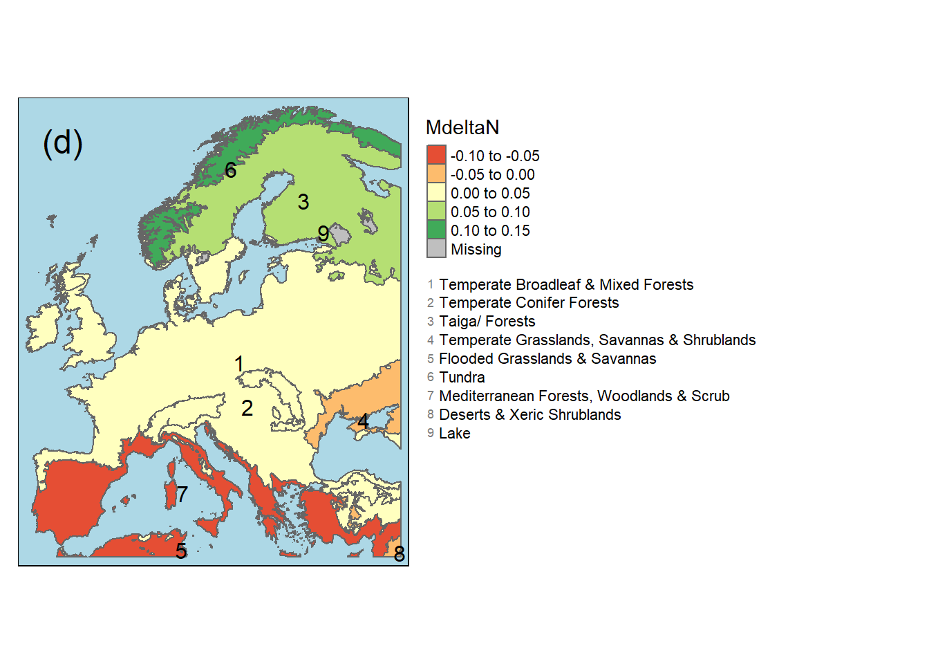 Absolute (a,b) und relative (c,d) Veraenderung der mittleren Jahresniederschlaege für die europaeischen Biomen zwischen den beiden Perioden 1962 und 1970 und 2010 bis 2018.