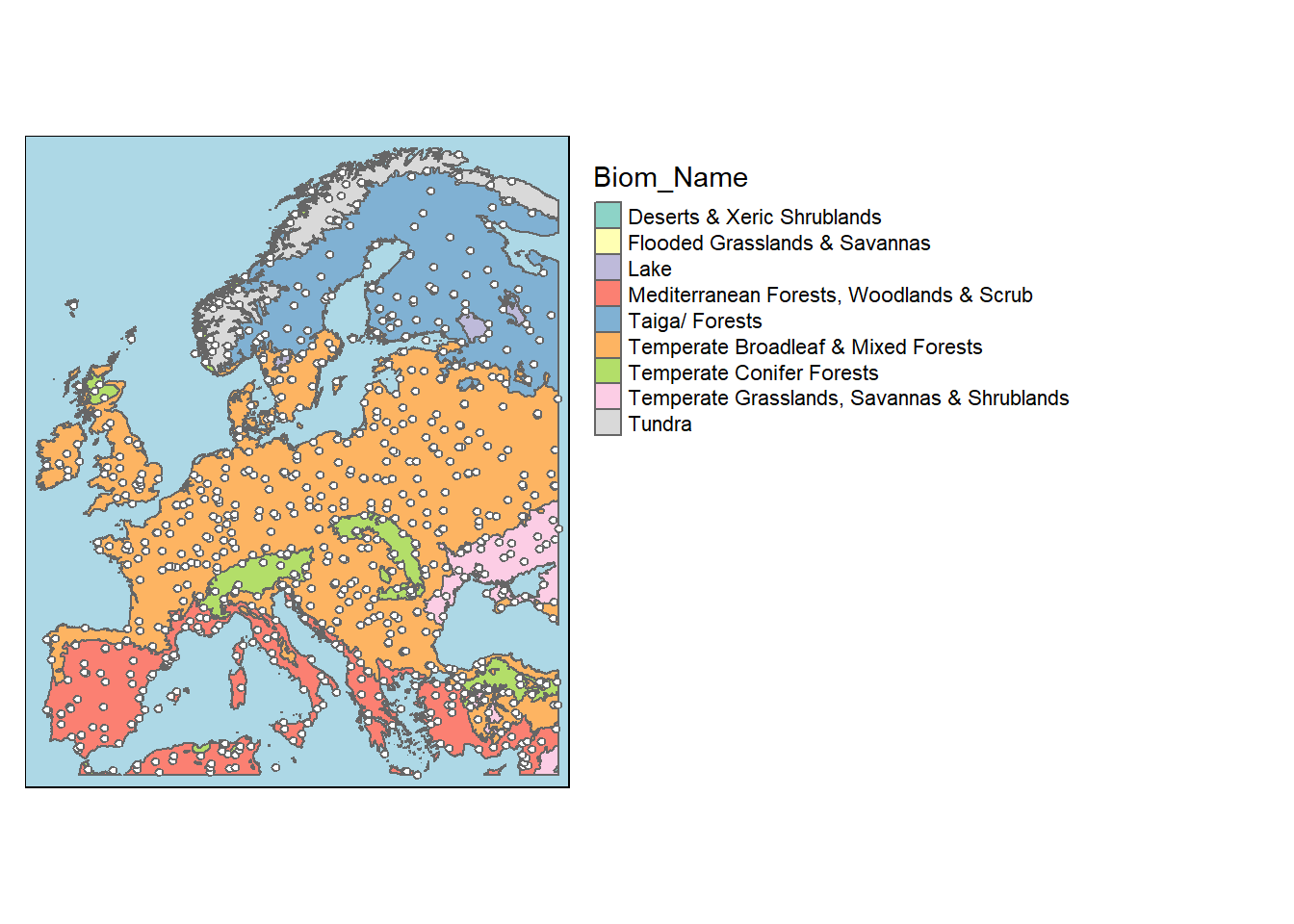 In der übung verwendete Daten: Verteilung der Biome und Klimastationen in Europa. Die weissen Punkte sind die Standorte der Klimastationen.