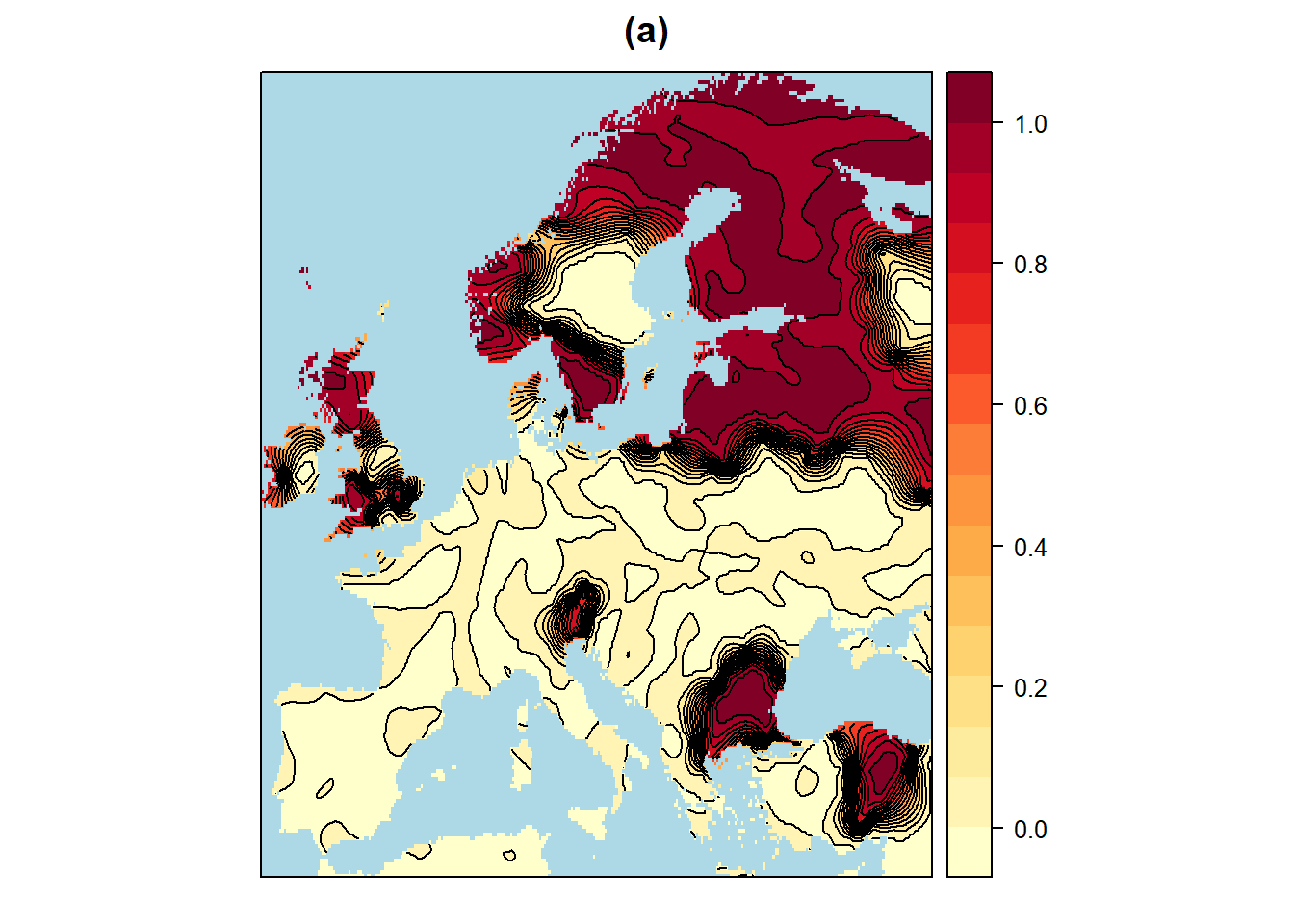 Interpolation Europaeische Risikogebiete für Niederschlagszunahmen und -abnahmen von mehr als 5% mit Hilfe von Kriging und Sphaerischen Viriogramm-Modellen. a: Schaetzer für Niederschlagszunahmen von mehr als 5%. b: Fehler für Niederschlagszunahmen von mehr als 5%. c: Schaetzer für Niederschlagsabnahmen von mehr als 5%. d: Fehler für Niederschlagsabnahmen von mehr als 5%.