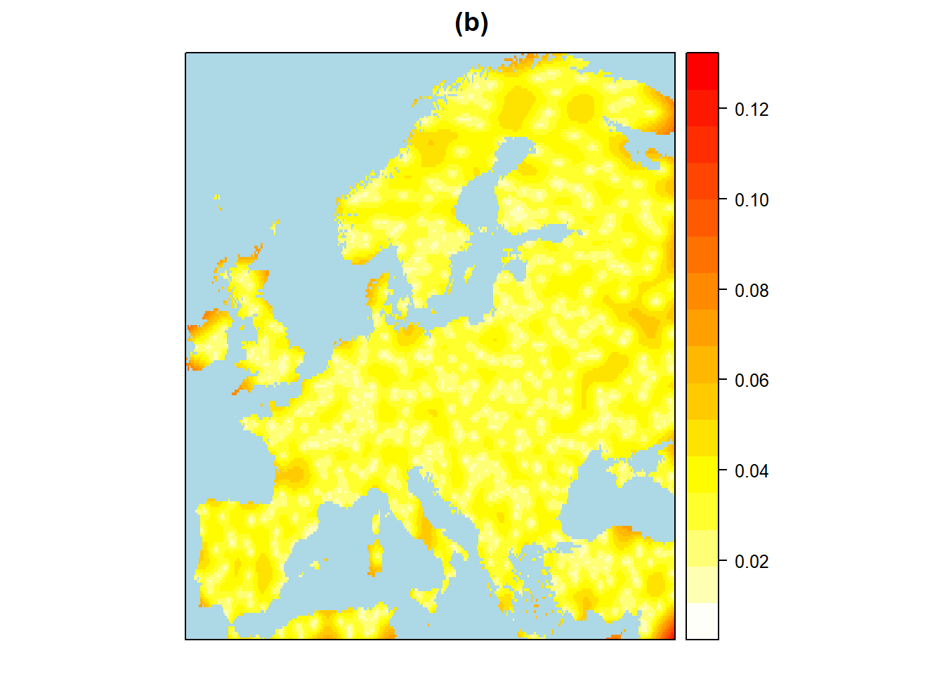 Interpolation Europaeische Risikogebiete für Niederschlagszunahmen und -abnahmen von mehr als 5% mit Hilfe von Kriging und Sphaerischen Viriogramm-Modellen. a: Schaetzer für Niederschlagszunahmen von mehr als 5%. b: Fehler für Niederschlagszunahmen von mehr als 5%. c: Schaetzer für Niederschlagsabnahmen von mehr als 5%. d: Fehler für Niederschlagsabnahmen von mehr als 5%.