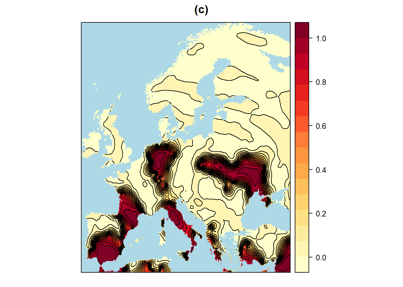 Interpolation Europaeische Risikogebiete für Niederschlagszunahmen und -abnahmen von mehr als 5% mit Hilfe von Kriging und Sphaerischen Viriogramm-Modellen. a: Schaetzer für Niederschlagszunahmen von mehr als 5%. b: Fehler für Niederschlagszunahmen von mehr als 5%. c: Schaetzer für Niederschlagsabnahmen von mehr als 5%. d: Fehler für Niederschlagsabnahmen von mehr als 5%.