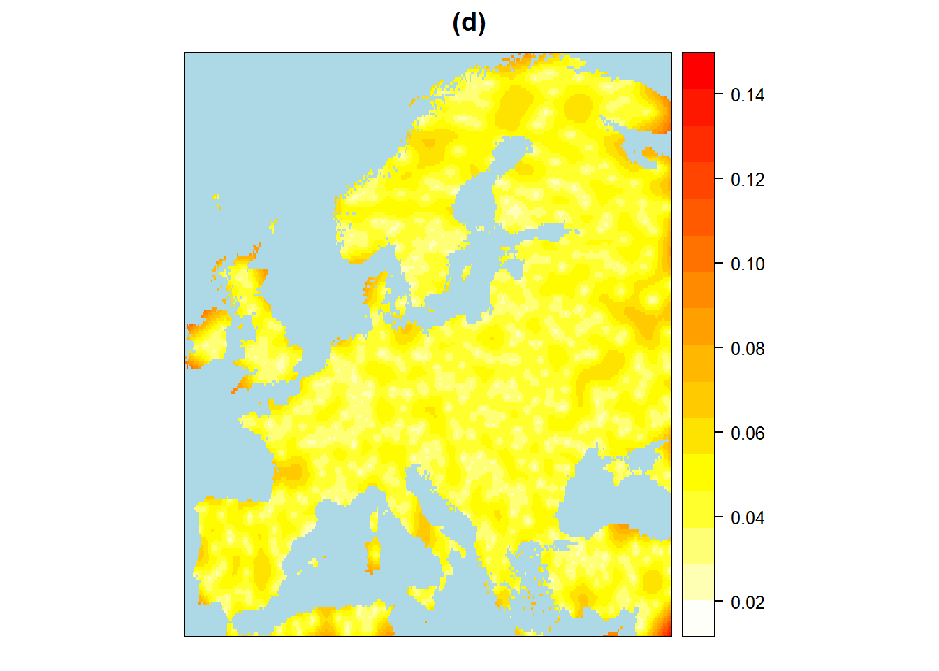 Interpolation Europaeische Risikogebiete für Niederschlagszunahmen und -abnahmen von mehr als 5% mit Hilfe von Kriging und Sphaerischen Viriogramm-Modellen. a: Schaetzer für Niederschlagszunahmen von mehr als 5%. b: Fehler für Niederschlagszunahmen von mehr als 5%. c: Schaetzer für Niederschlagsabnahmen von mehr als 5%. d: Fehler für Niederschlagsabnahmen von mehr als 5%.