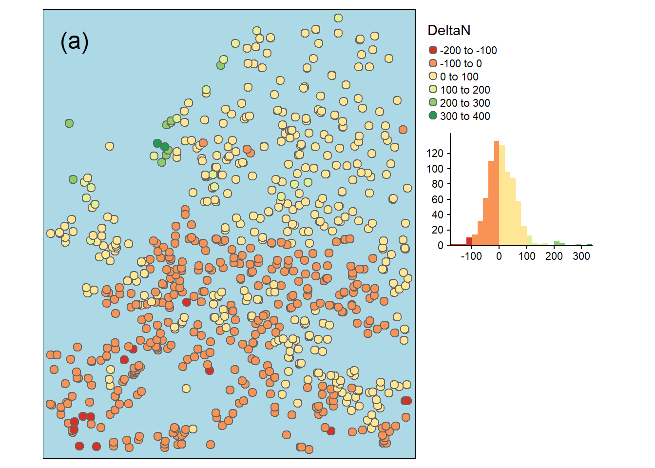 Absolute (a) und relative (b) Veraenderung der mittleren Jahresniederschlaege an europaeischen Klimastationen zwischen den beiden Perioden 1962 bis 1970 und 2010 bis 2018.