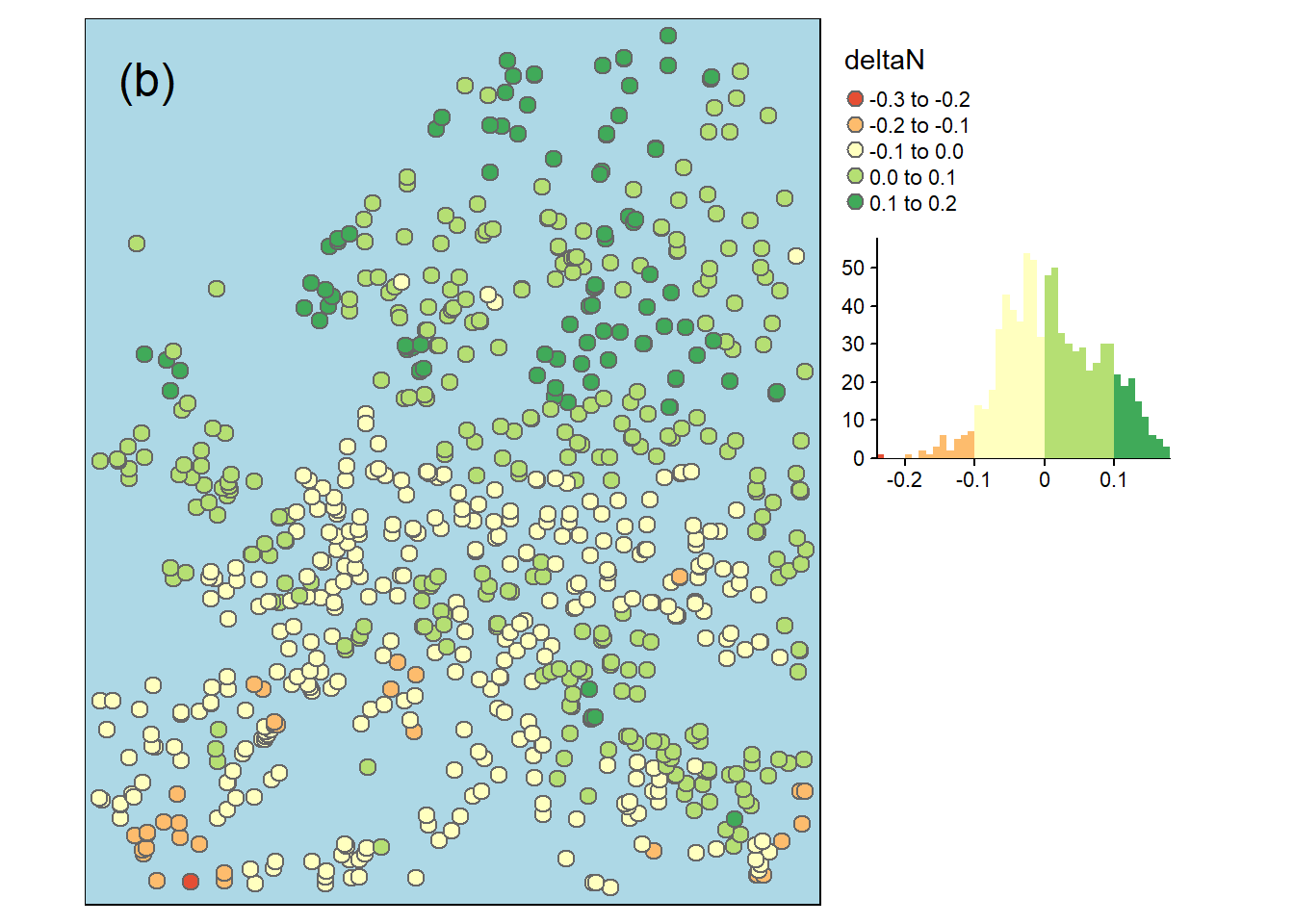 Absolute (a) und relative (b) Veraenderung der mittleren Jahresniederschlaege an europaeischen Klimastationen zwischen den beiden Perioden 1962 bis 1970 und 2010 bis 2018.