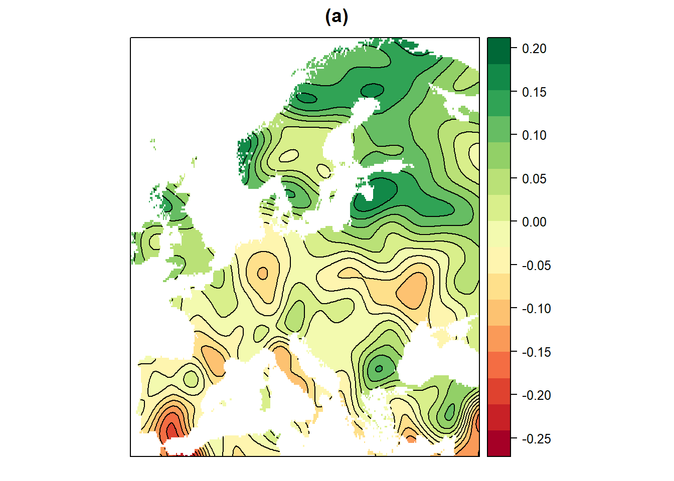 Schaetzer (a) und Fehler (b) der Interpolation von europaeischen relativen Niederschlagsveraenderungen mit Hilfe von Kriging und dem Gau<U+00DF>schen Variogramm-Modell